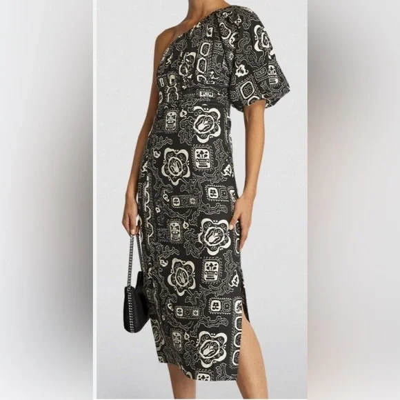 NWT RHODE100% Linen Chantelle Midi One shoulder Dress size 4 black white print
